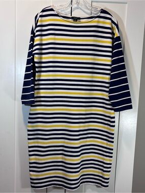 IMNYC Isaac Mizrahi Cotton Shift Dress M Navy White Yellow Striped 3/4 Sleeve